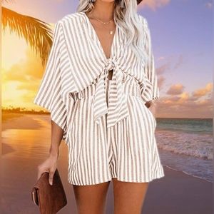 Women's Striped V-Neck Rompers with Flared Sleeves - Stylish and Comfortable Sum